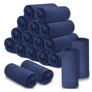 A pile of blue towels stacked on top of each other.